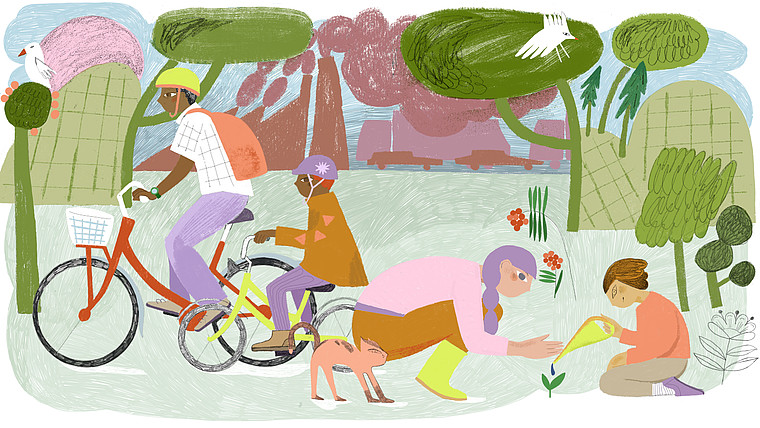 Auf einer Wiese sitzen eine Frau und ein Kind und gießen eine Pflanze. Dahinter fährt ein Vater mit seinem Kind auf dem Fahrrad. Im Hintergrund sieht man graue Industriegebäude.   