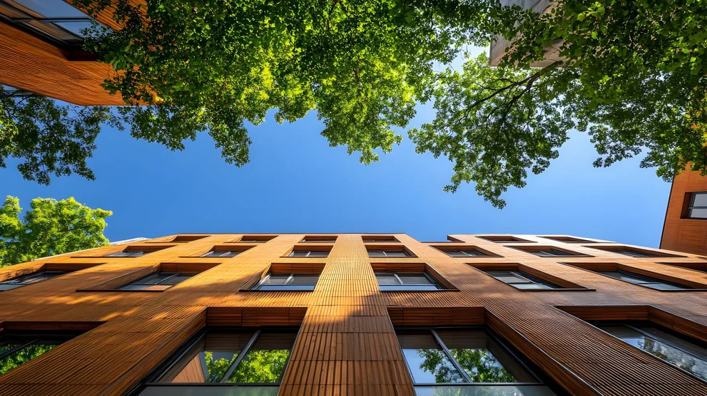 Ein modernes Holzhaus von Bäumen umgeben.