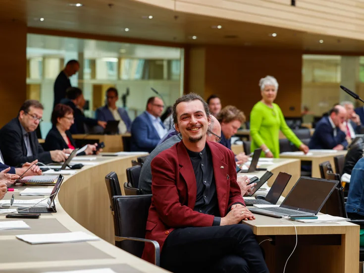 Grüner Abgeordneter Erwin Köhler sitzt im Plenarsaal.