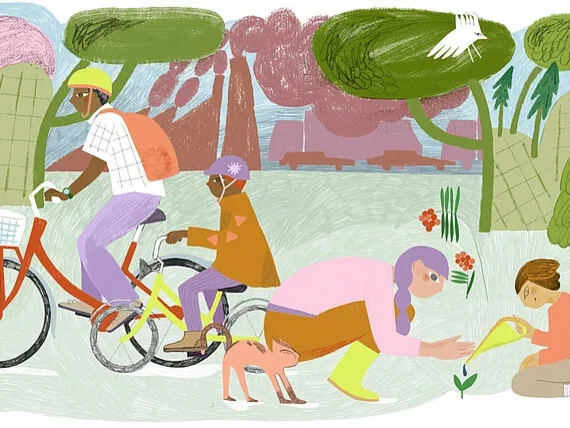 Auf der Illustration sieht man zwei Radler:innen, Blumen, Tiere und zwei Personen, die eine Blume gießen.