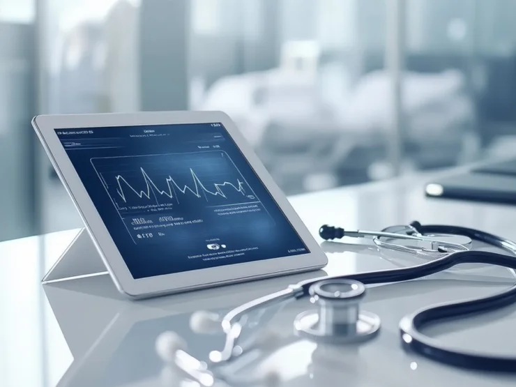 Szene in einem Krankenhaus mit Tablet und Stethoskop