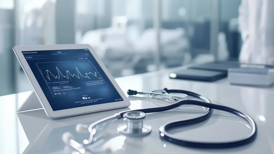 Szene in einem Krankenhaus mit Tablet und Stethoskop