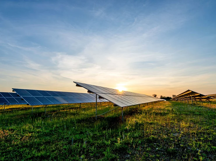 Auf einem Feld stehen Solaranlagen.