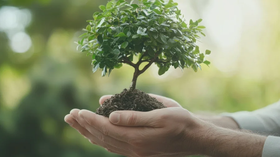 Ein Mann hält einen Miniatur-Baum in seinen Händen.