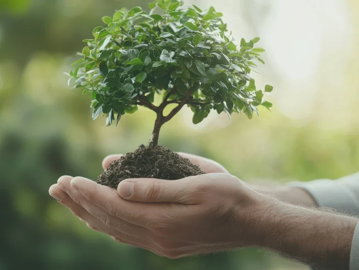 Ein Mann hält einen Miniatur-Baum in seinen Händen.