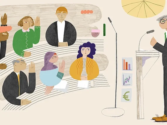 Auf der Illustration steht eine Person am Rednerpult, sechs andere Personen hören zu.