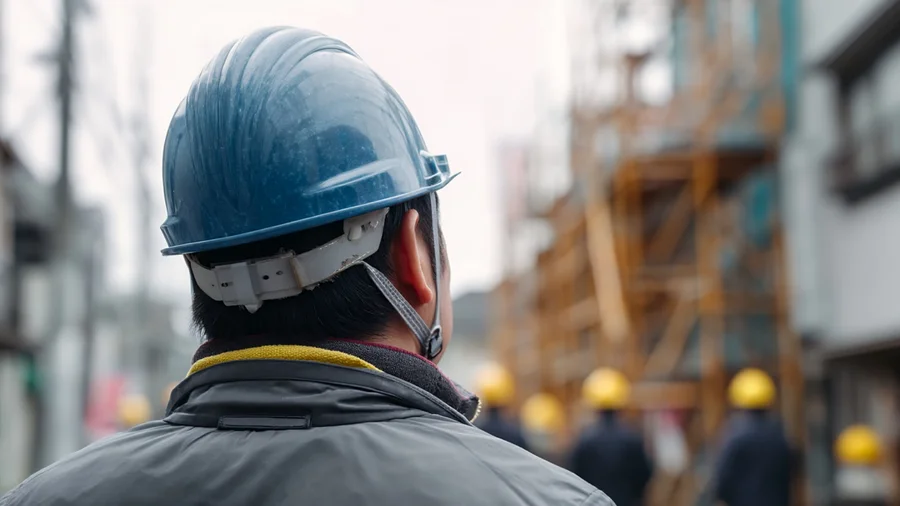 Eine Nahaufname von einer Person die auf dem Bau arbeitet mit blauem Helm von hinten. Die Person steht vor einer Baustelle.