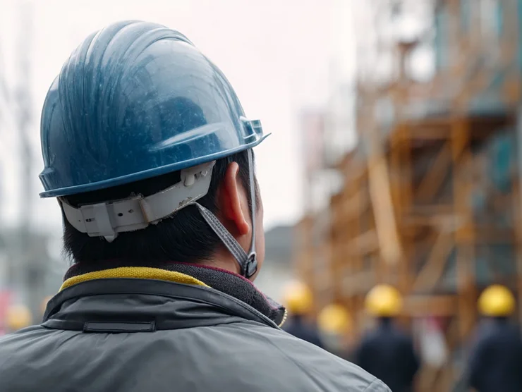 Eine Nahaufname von einer Person die auf dem Bau arbeitet mit blauem Helm von hinten. Die Person steht vor einer Baustelle.