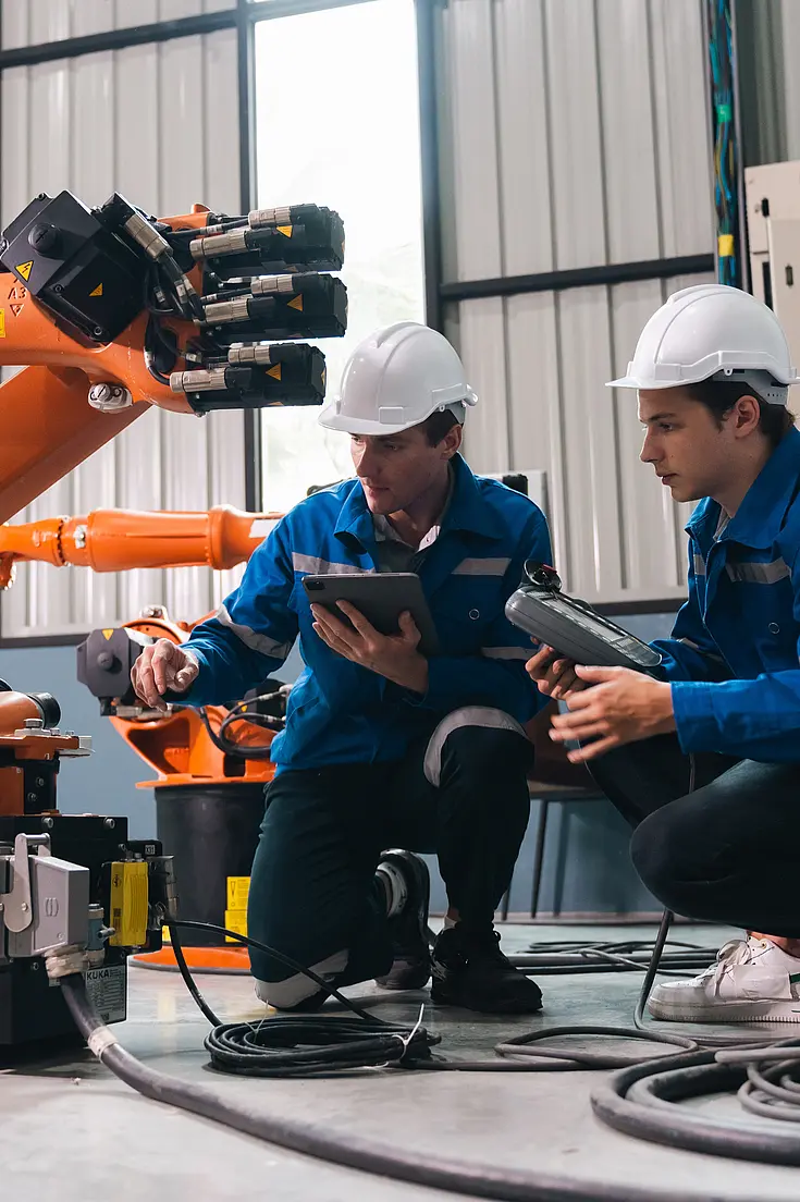 Zwei Mitarbeiter der Autoindustrie knien vor einem Roboter und stellen etwas ein.