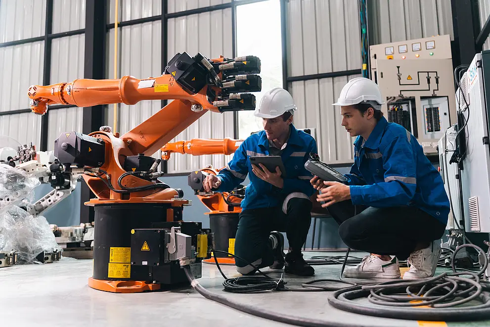 Zwei Mitarbeiter der Autoindustrie knien vor einem Roboter und stellen etwas ein.