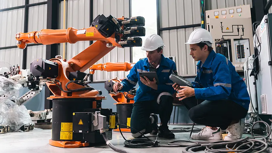 Zwei Mitarbeiter der Autoindustrie knien vor einem Roboter und stellen etwas ein.