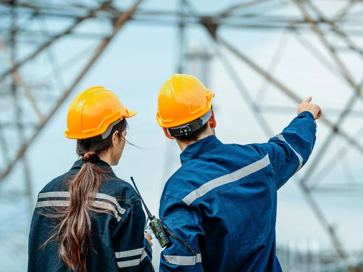 Zwei Menschen mit Helm auf einer Baustelle.