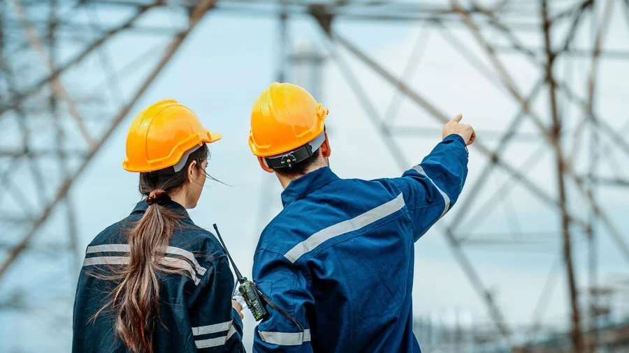Zwei Menschen mit Helm auf einer Baustelle.