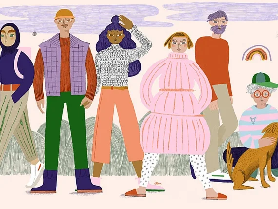 Auf der Illustration sieht man Personen verschiedenen Alters und Geschlechts.