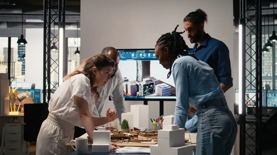 Stadtplaner*innen stehen an einem 3-D-Modell eines Quartiers.