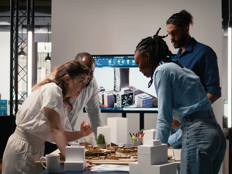 Stadtplaner*innen stehen an einem 3-D-Modell eines Quartiers.