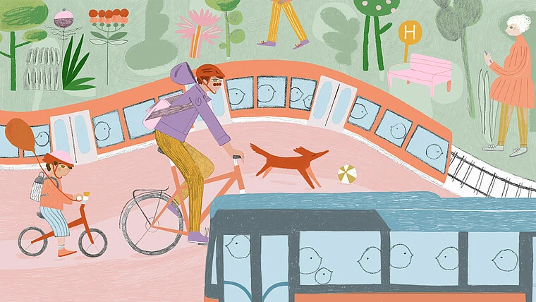 Auf der Illustration sieht man zwei Radfahrer:innen - eine erwachsene Person und ein Kind.