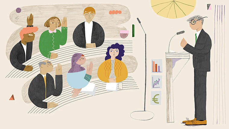 Auf der Illustration steht eine Person am Rednerpult, sechs andere Personen hören zu.